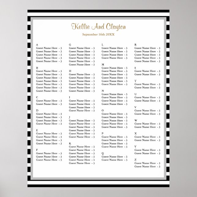 110 Black/White Stripes Wedding Seating Chart (Front)
