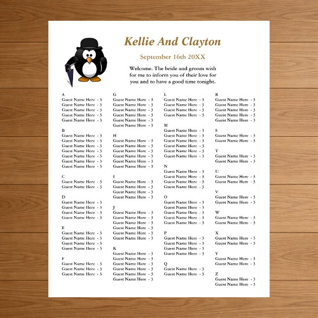  110 Funny Penguin Greeter Wedding Seating Chart Foam Board (Creator Uploaded)