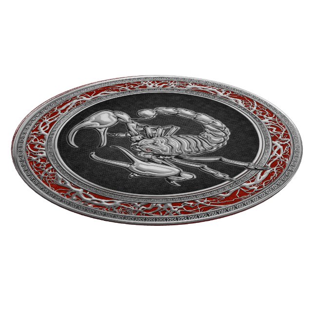 [110] Sacred Silver Scorpion on Black Cutting Board (Corner)