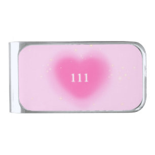 111 Pretty Pink Heart Aesthetic Angel Number Silver Finish Money Clip