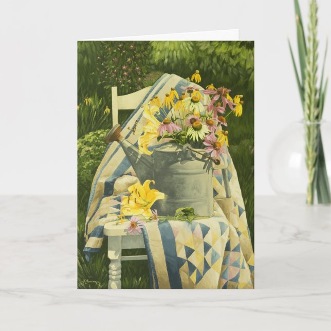 1138 Watering Can on Quilt Birthday Card (Front)