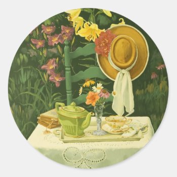 1144 Tea Time In Garden Classic Round Sticker by RuthGarrison at Zazzle