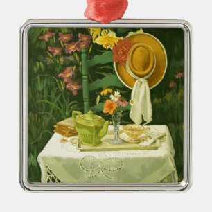 1144 Tea Time in Garden Metal Ornament