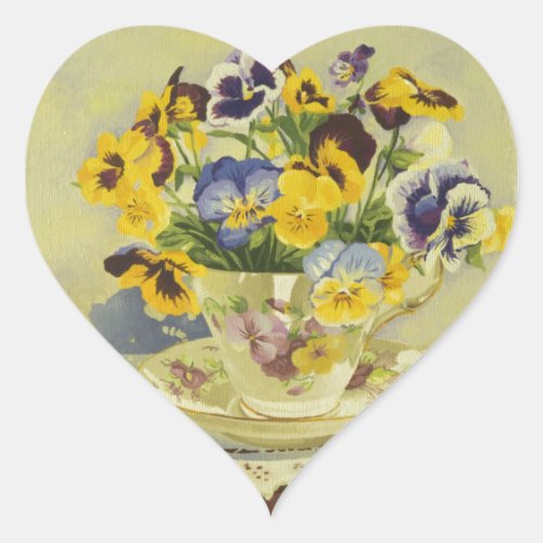 1187 Pansies in Teacup Heart Sticker