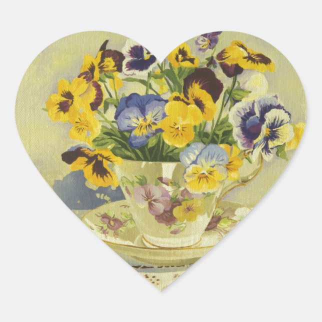 1187 Pansies in Teacup Heart Sticker (Front)