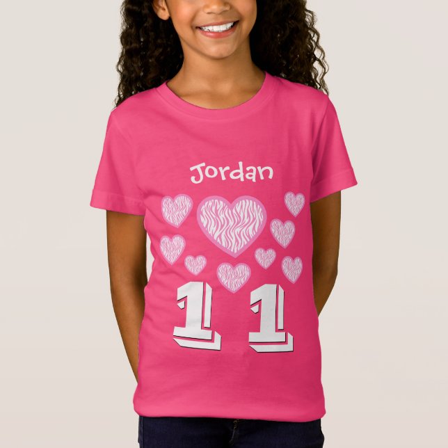 11 Birthday Girl Hearts Big Number Custom Name V10 T-Shirt (Front)