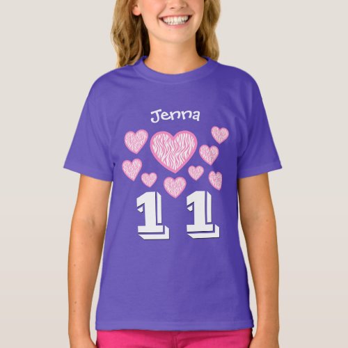 11 Birthday Girl Hearts Big Number Custom Name V11 T_Shirt