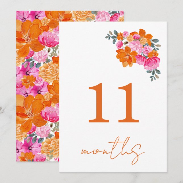 11 Months Old Pink & Orange Baby Milestone Card (Front/Back)