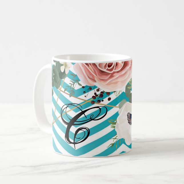 11 Oz. Coffee Mug Geometric Rose Chevron Teal (Front Left)
