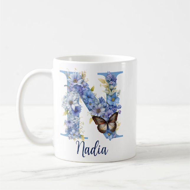 11 oz Floral Blue Monogrammed Coffee Mug (Left)