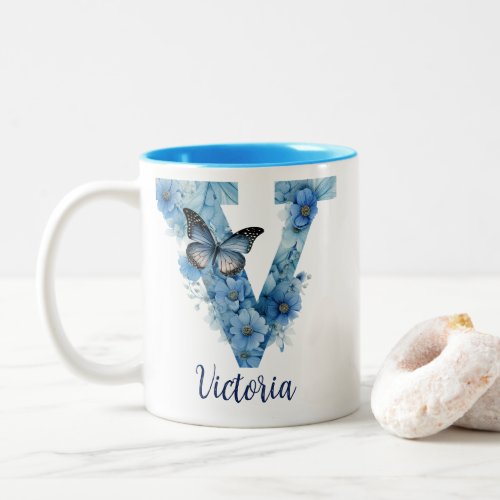 11 oz Floral Blue Monogrammed Coffee Mug