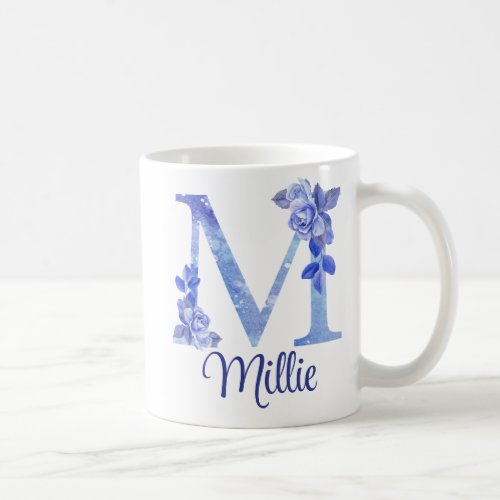 11 oz Monogrammed Watercolor Blues and Floral Coffee Mug