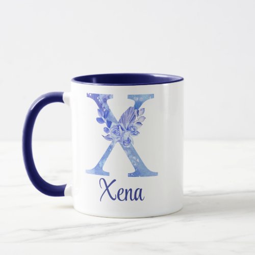 11 oz Monogrammed Watercolor Blues and Floral Mug