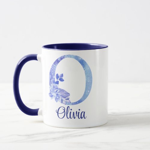 11 oz Monogrammed Watercolor Blues and Floral Mug