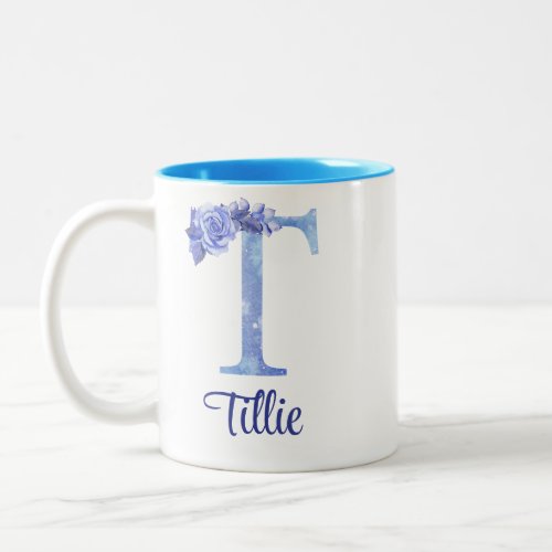 11 oz Monogrammed Watercolor Blues and Floral Two_Tone Coffee Mug