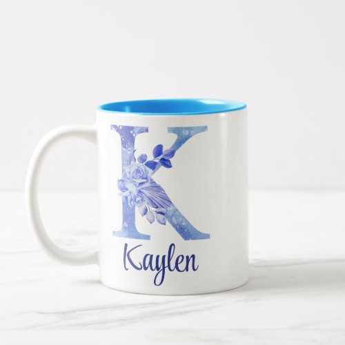 11 oz Monogrammed Watercolor Blues and Floral Two_Tone Coffee Mug