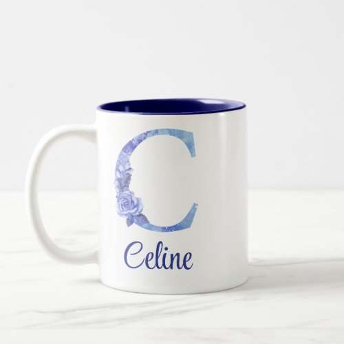 11 oz Monogrammed Watercolor Blues and Floral Two_Tone Coffee Mug