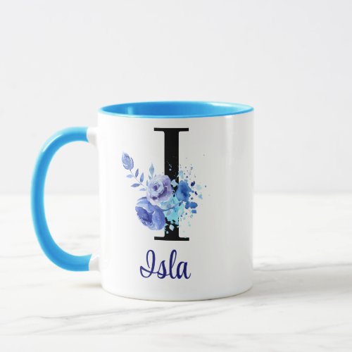 11 oz Monogrammed Watercolor Floral Blues Mug