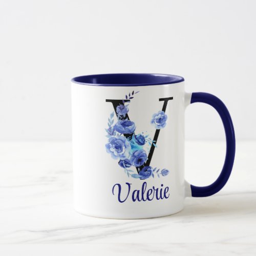11 oz Monogrammed Watercolor Floral Blues Mug