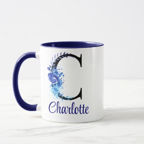 11 oz Monogrammed Watercolor Floral Blues Mug