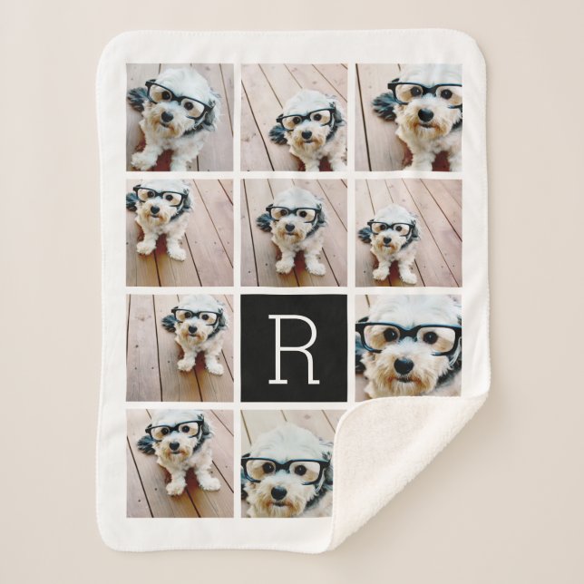 11 Photo Collage and Big Monogram black white Sherpa Blanket (Front)
