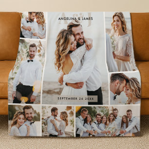 11-Photo Collage Couple Initials & Names Wedding Fleece Blanket