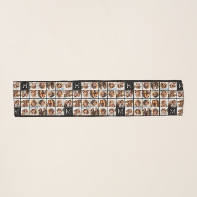 11 Photo Collage Custom Monogram Black Scarf (Front (Horizontal))