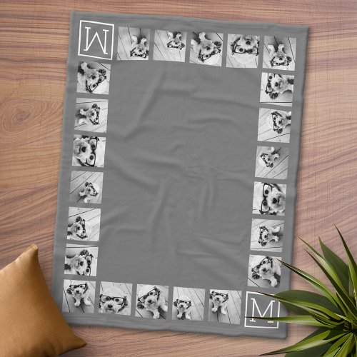 11 Photo Collage Custom Monogram Charcoal Fleece Blanket