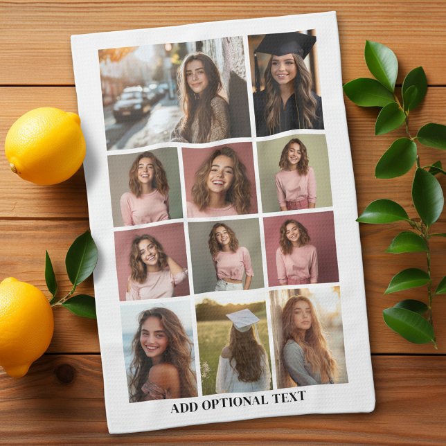 11 Photo Collage - Custom Text - Black and White Kitchen Towel (Custom Kitchen Towel with Photo Collage)