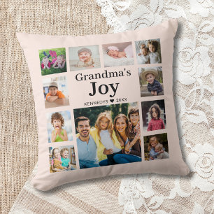 11 Photo Collage Family Name  Grandma’s Joy  Throw Pillow