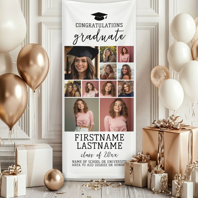11 Photo Collage Graduation Modern Minimal White Banner (Custom Graduation Photo Banner - Great backdrop and Graduation Party Decoration)