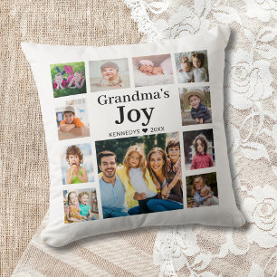 11 Photo Collage Grandma’s Joy Family Name Throw Pillow