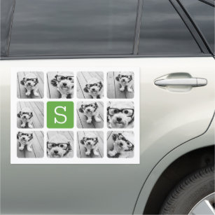 11 Photo Collage - Green White Modern Monogram Car Magnet