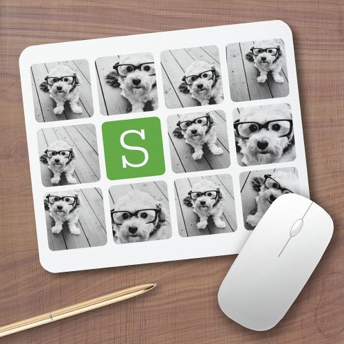 11 Photo Collage _ Green White Modern Monogram Mouse Pad