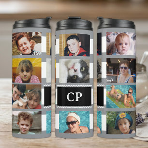 11 photo collage initials grey white thermal tumbler