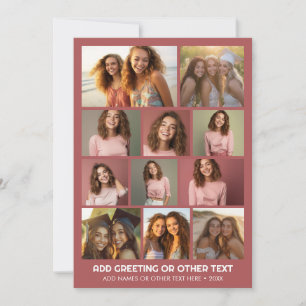11 Photo Collage Modern Minimal Dusty Red Rose Holiday Card