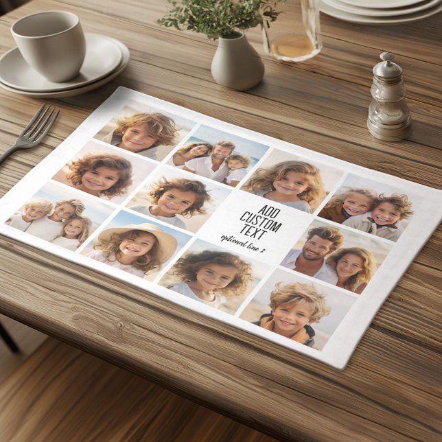11 Photo Collage - Modern Minimal White on Black Cloth Placemat (Custom Cloth Placemat with Photo Collage)