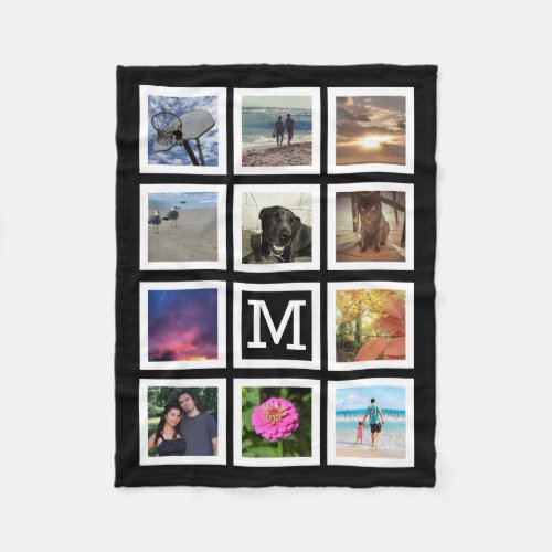 11 Photo Collage Mosaic Square Frame Monogram Fleece Blanket