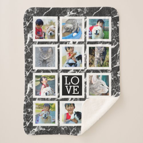 11 Photo Collage Square Frame Black Marble Love Sherpa Blanket