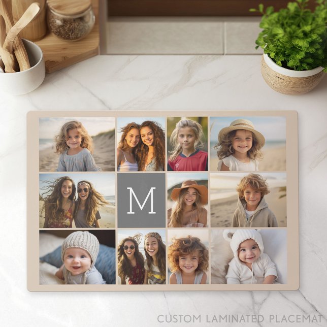 11 Photo Collage with Gray Monogram - beige Placemat (Custom Photo Gallery on a Placemat)