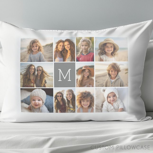 11 Photo Collage with Gray Monogram Pillow Case (Create Your Own Photo Collage Pillowcase)
