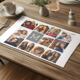 11 Photo Collage with Gray Monogram - white Cloth Placemat