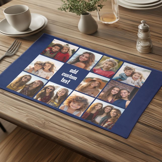 11 Photo Collage with Navy Blue Background Cloth Placemat (Custom Cloth Placemat with Photo Collage)