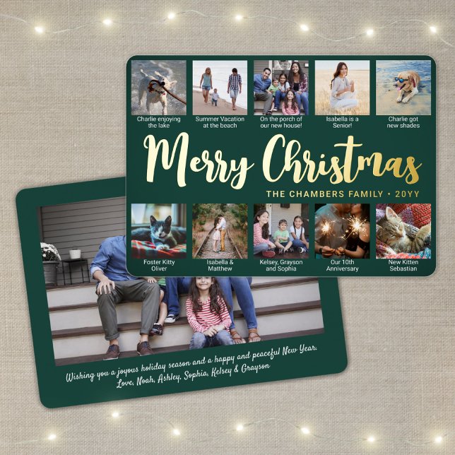 11 Photo Dark Green Merry Christmas Modern Collage Foil Holiday Card (Creator Uploaded)
