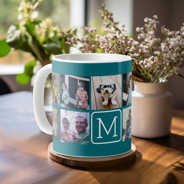 11 Photo Grid Collage with Monogram Coffee Mug (Custom photo mug)