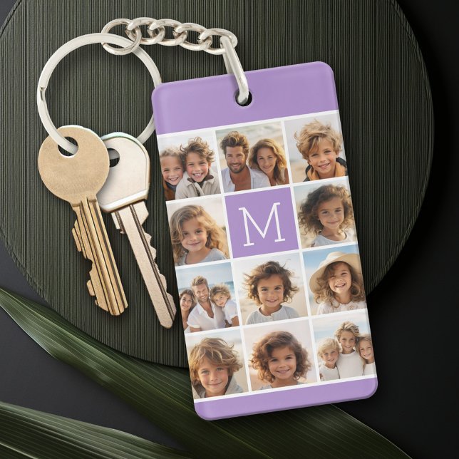 11 Photo Grid Collage with Monogram Keychain (Personalized Keychain with a photo collage)