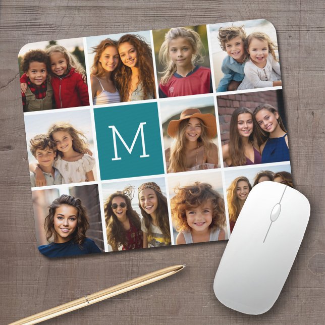 11 Photo Grid Collage with Monogram Mouse Pad (Personalized Mousepad - Add Your Photos and Text)