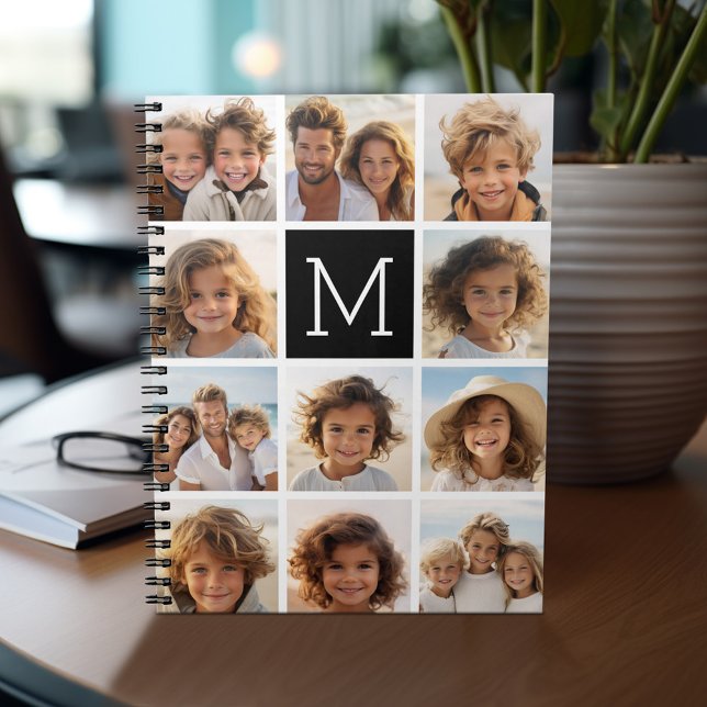 11 Photo Grid Collage with Monogram Notebook (Personalized notebook - add photos and your name or other text)