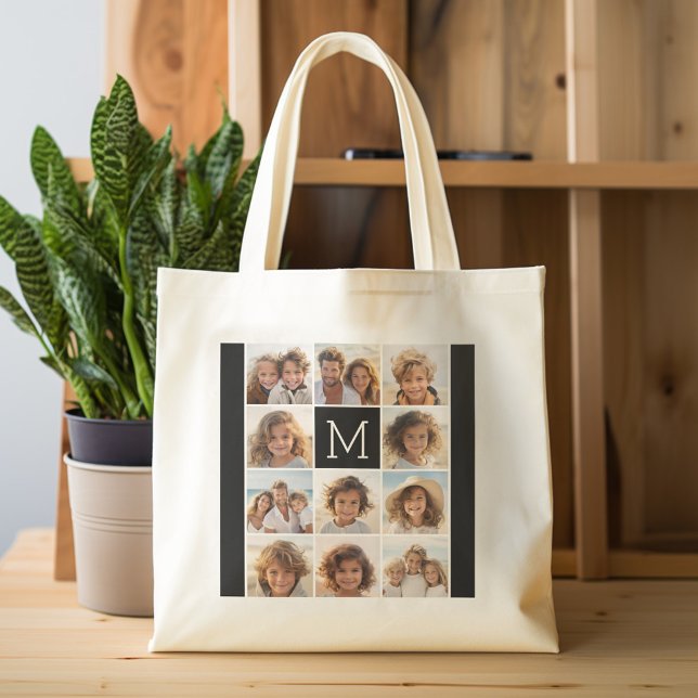 11 Photo Grid Collage with Monogram Tote Bag (Personalized tote bag with photos and custom text)