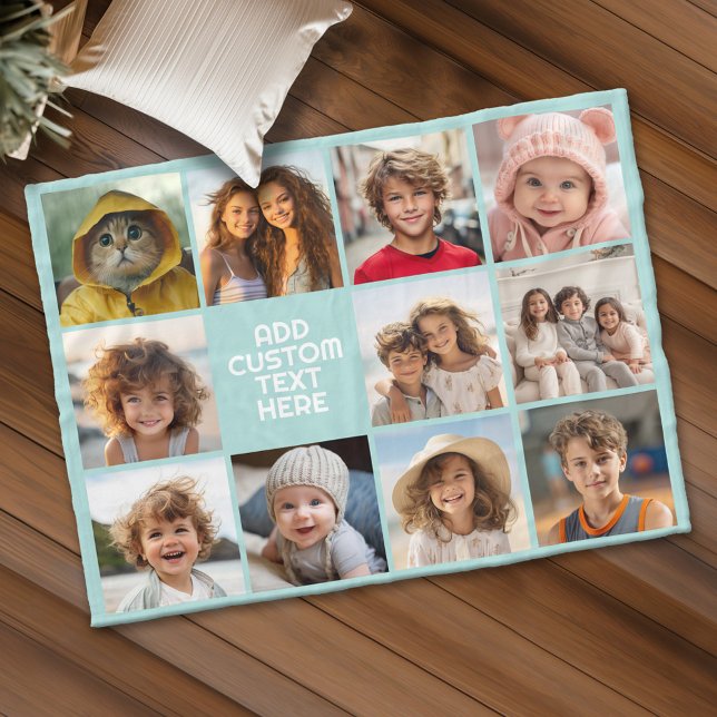 11 Photo Grid industrial box name - aqua Fleece Blanket (Personalized fleece blanket with 11 photos and custom text)